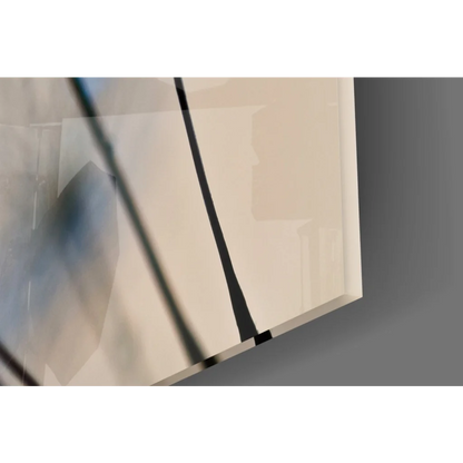 Stunning blue dandelion glass wall art with sparkling droplets and abstract geometric lines