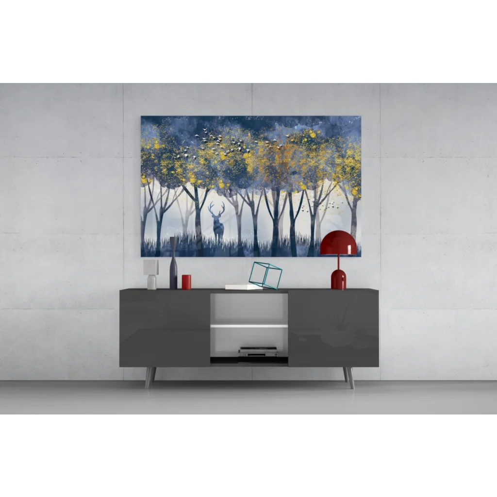 Modern gray sideboard with white interior, silver legs, and stunning blue deer wall art