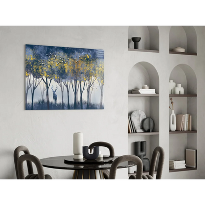 Navy blue deer wall art tapestry with yellow abstract forest and golden leaves