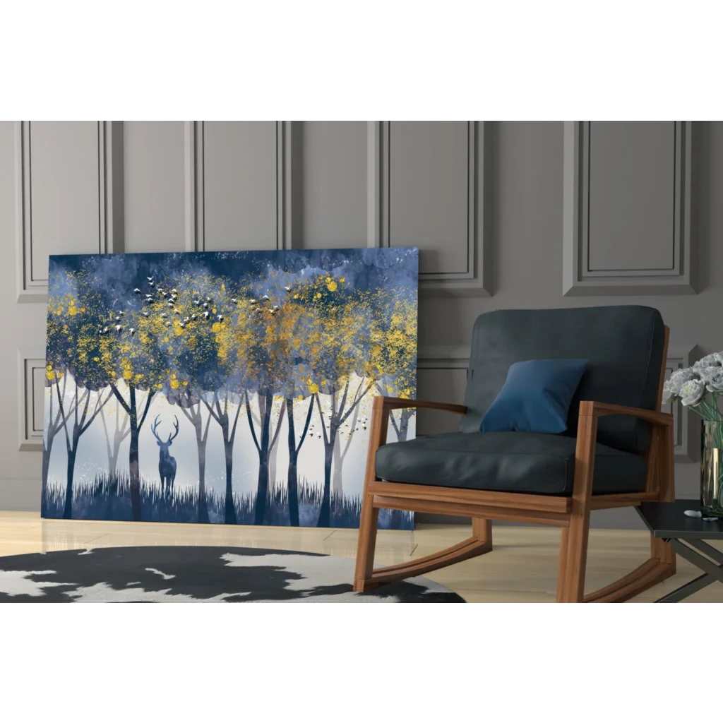 Navy blue rocking chair with deer wall art vibes