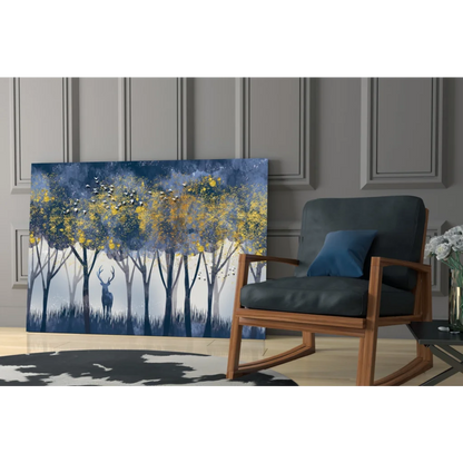 Navy blue rocking chair with deer wall art vibes