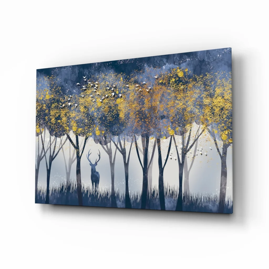 Stunning blue deer canvas wall art with golden autumn leaves