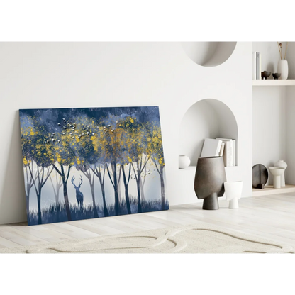 Abstract navy blue deer wall art with yellow golden autumn leaves on canvas
