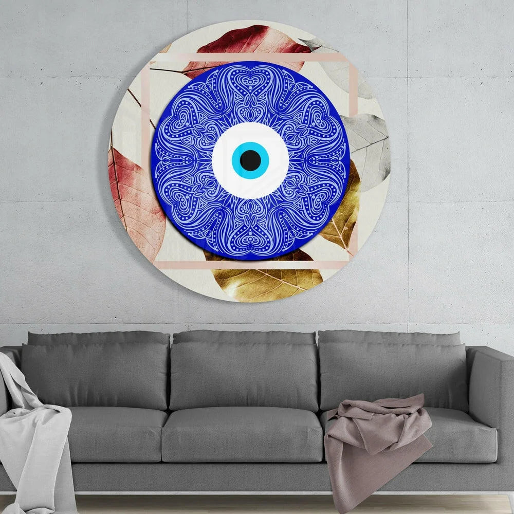 Stunning blue evil eye tempered glass art with gold patterns