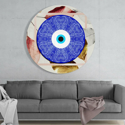 Stunning blue evil eye tempered glass art with gold patterns