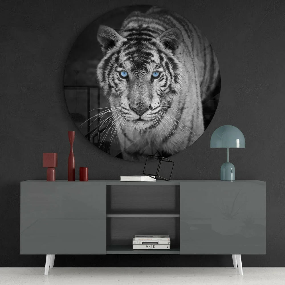 Black and white tiger decal on stunning blue eyed tempered glass art
