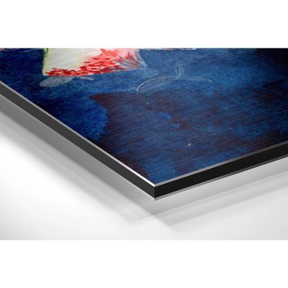 Blue and red abstract fish art print on brushed aluminium dibond