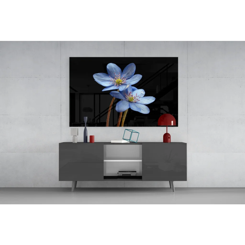 Samsung QLED TV with vibrant blue flower glass wall art