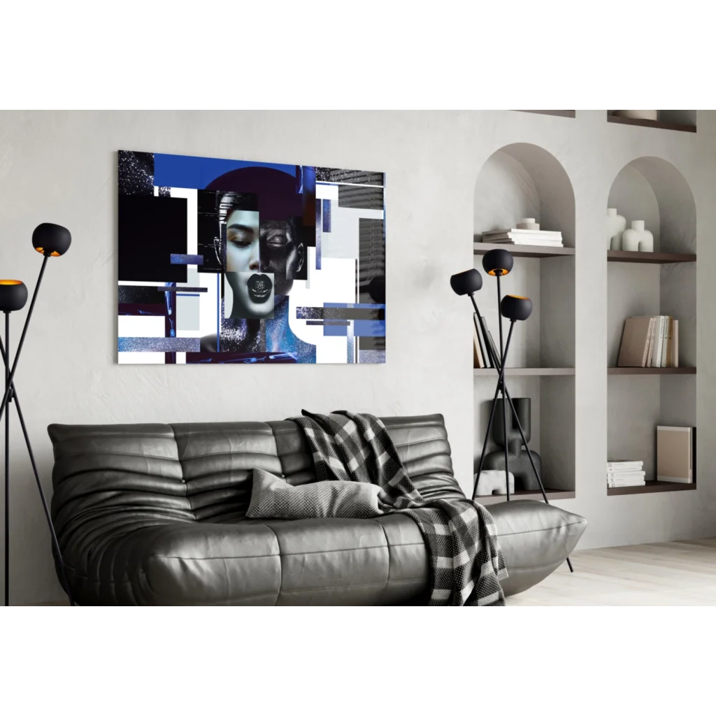 Black leather sofa with plaid throw and blue geometric wall art