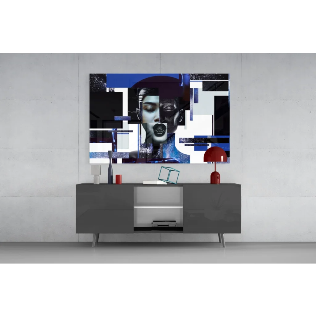 Stunning blue geometric portrait wall art canvas print on 4K QLED TV