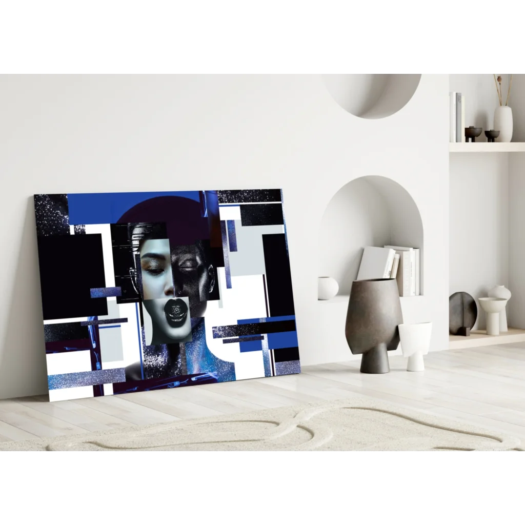 Stunning blue geometric woman portrait wall art canvas print