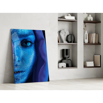 Vibrant blue glitter eye glass wall art portrait with sparkling face texture