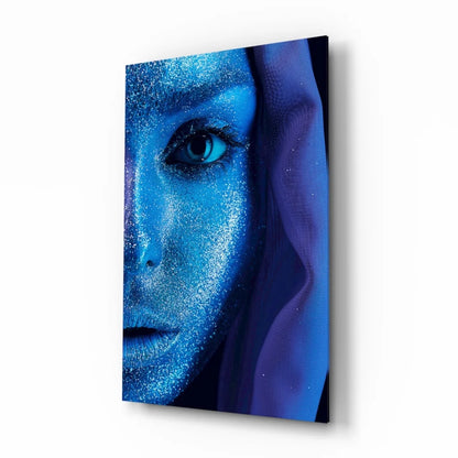 Stunning blue glitter eye glass wall art portrait with shimmering makeup
