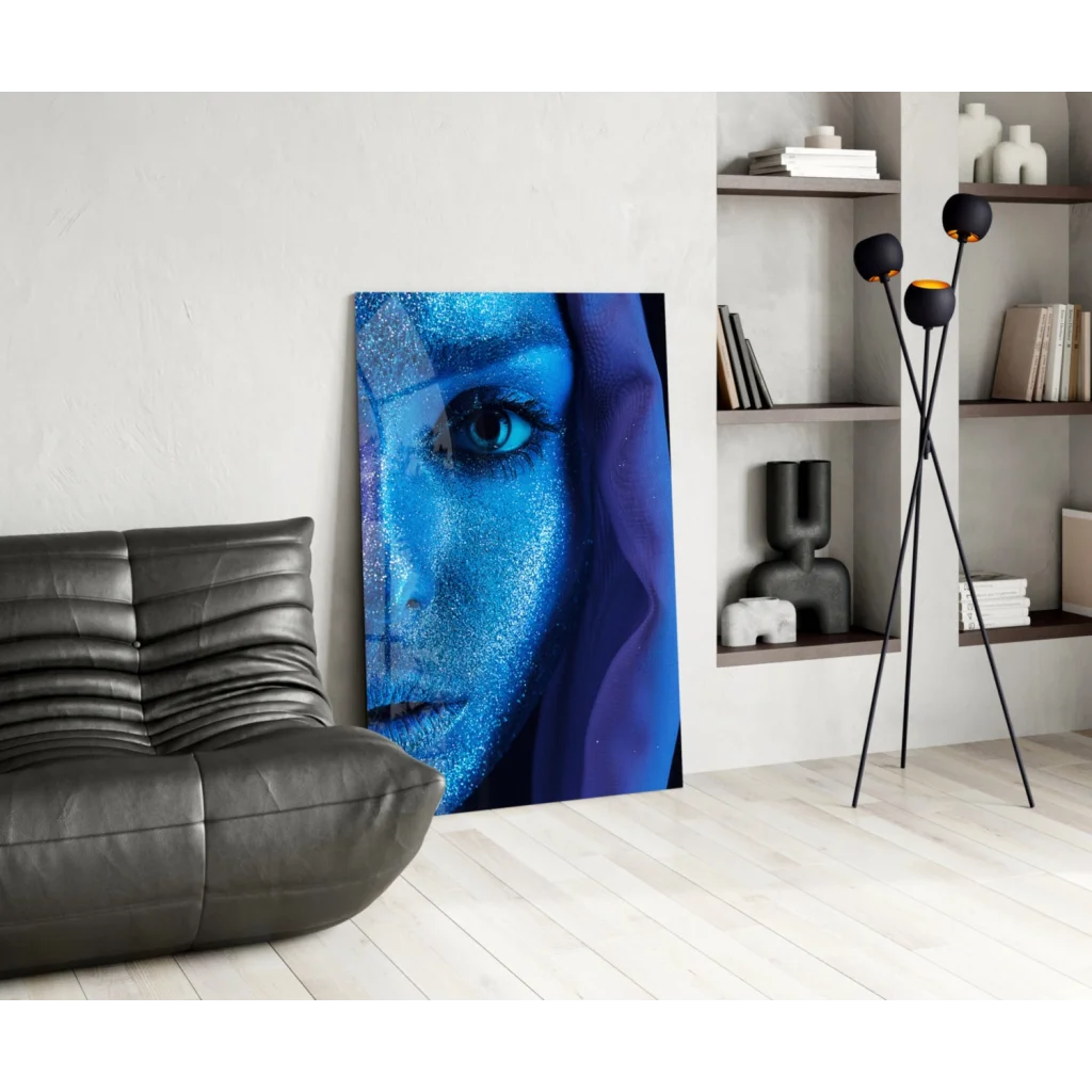 Stunning blue glitter eye glass wall art portrait with purple drapes