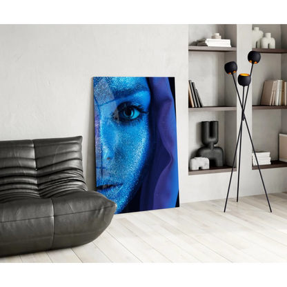 Stunning blue glitter eye glass wall art portrait with purple drapes