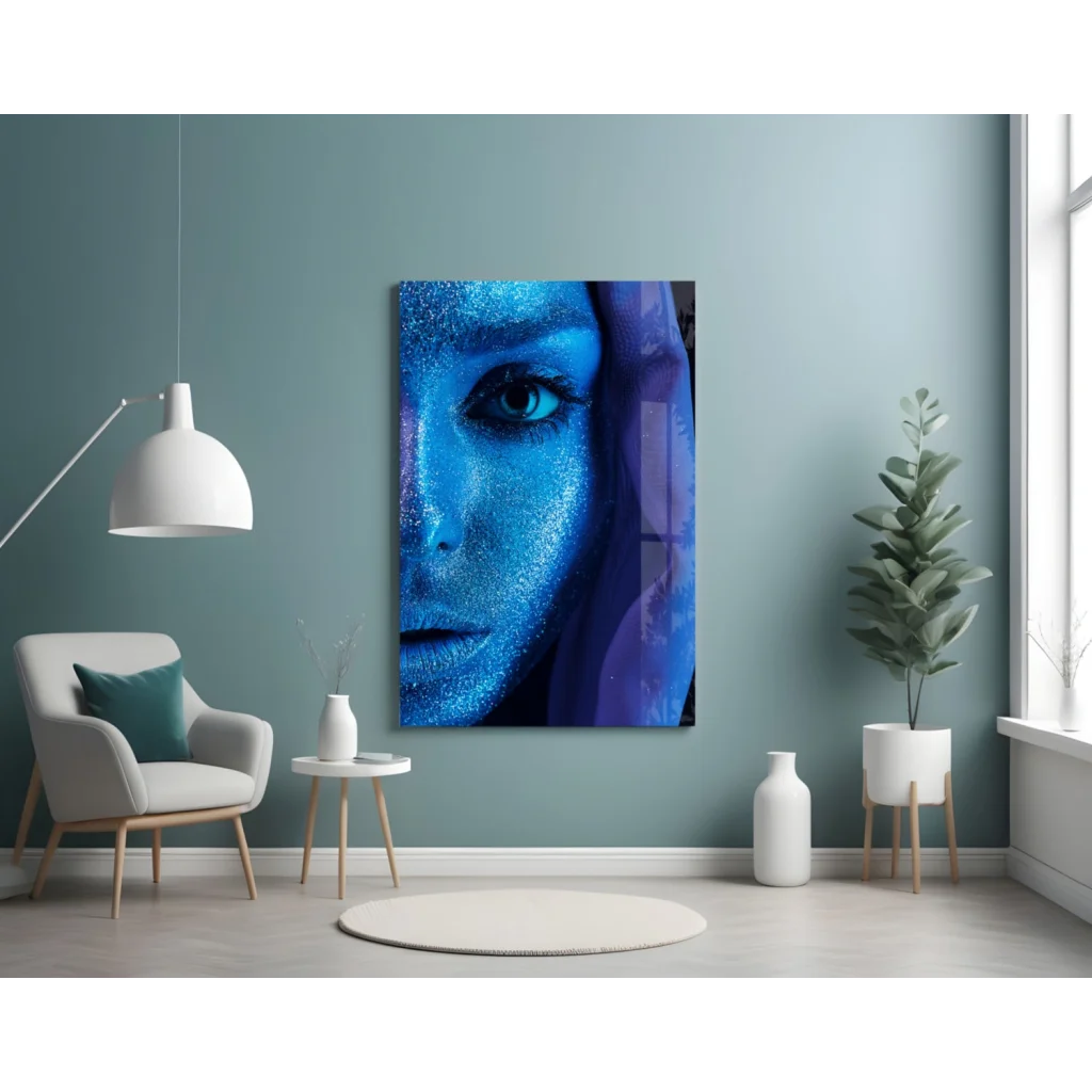 Stunning blue glitter eye glass wall art portrait with shimmering face