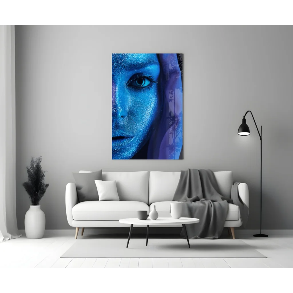 Stunning blue glitter eye glass wall art portrait on canvas