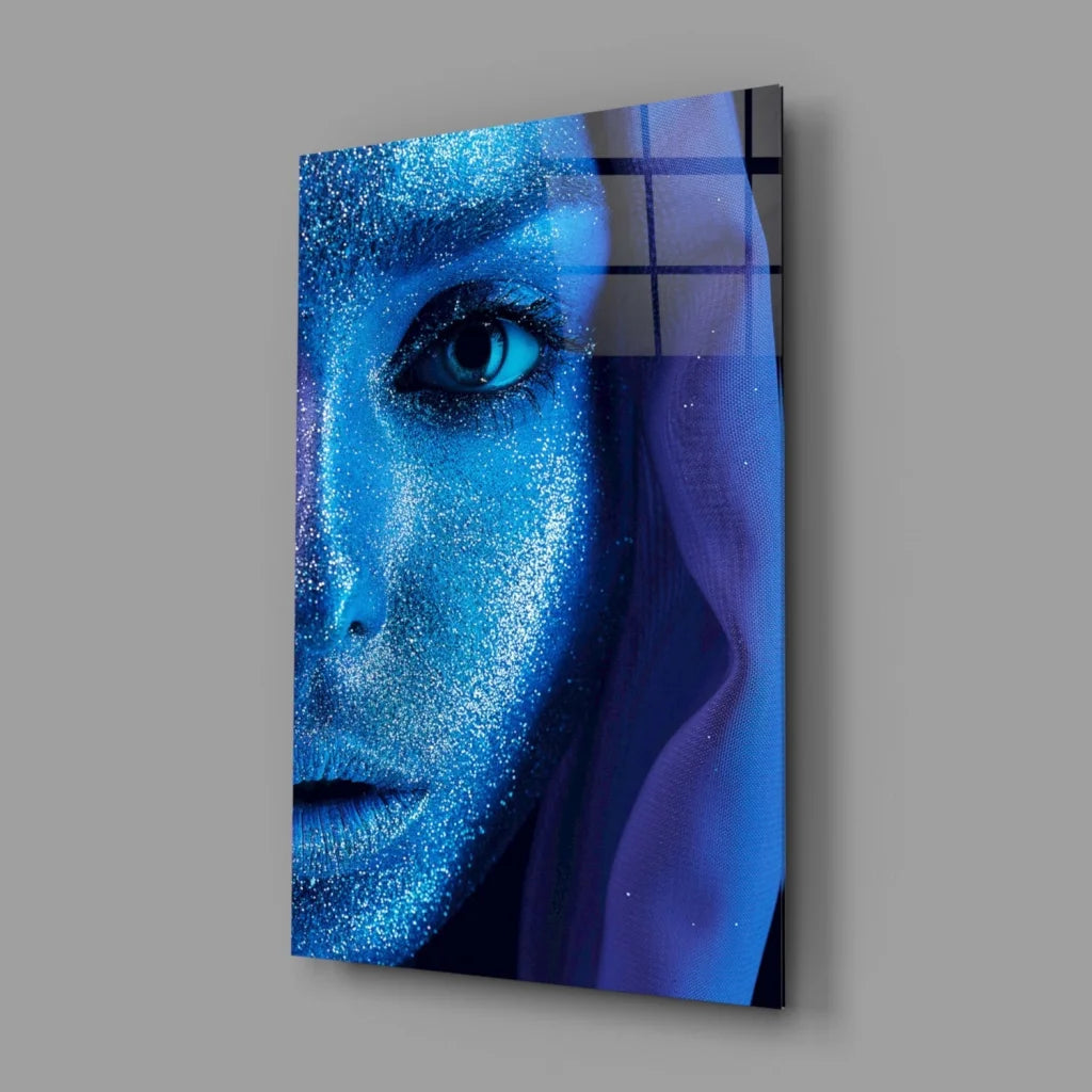 Stunning blue glitter eye glass wall art portrait on acrylic panel