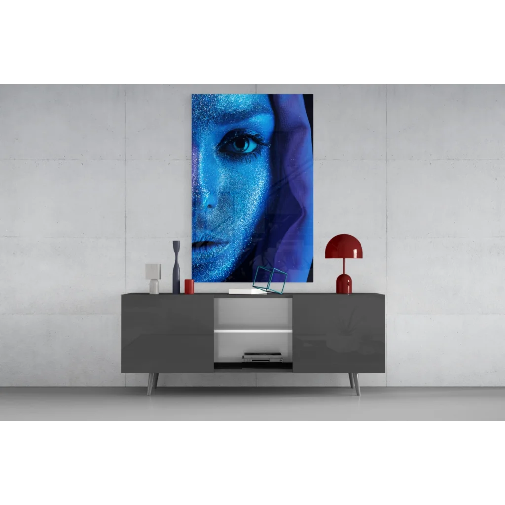 Stunning blue glitter eye glass wall art portrait with shimmering tones