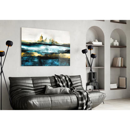 Stunning blue gold abstract canvas wall art with ocean wave texture