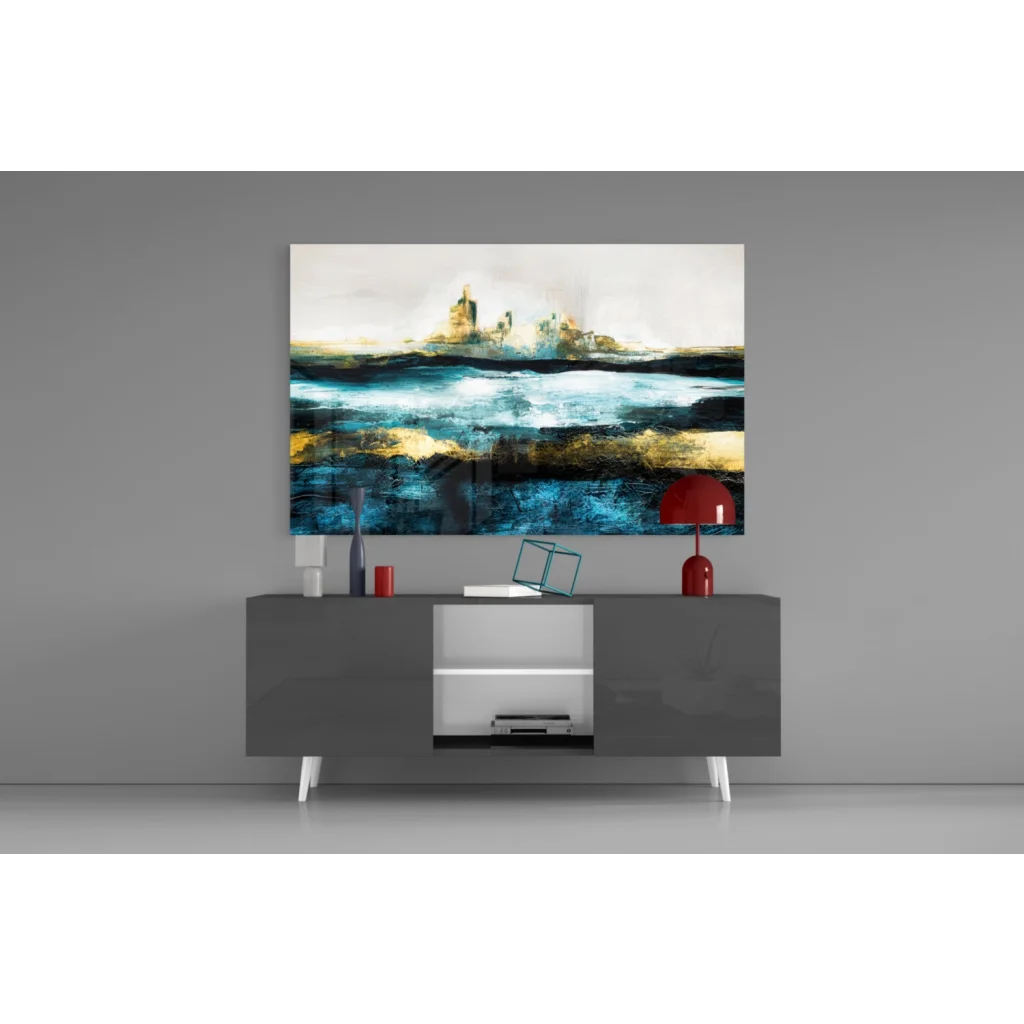 Modern gray sideboard with white legs and silver accents under stunning blue gold abstract wall art