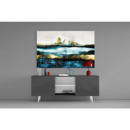 Modern gray sideboard with white legs and silver accents under stunning blue gold abstract wall art