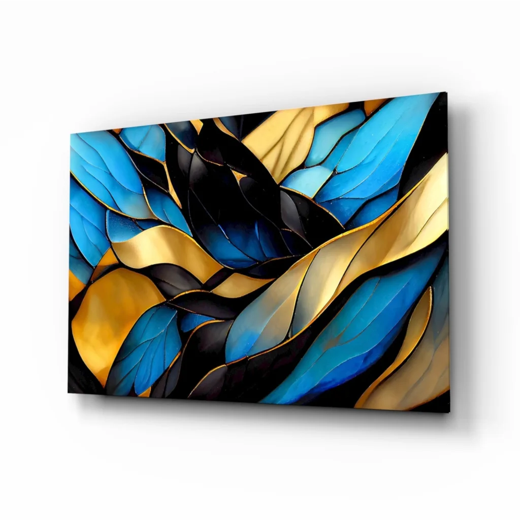 Stunning blue gold abstract wall art with bold black accents on white wall