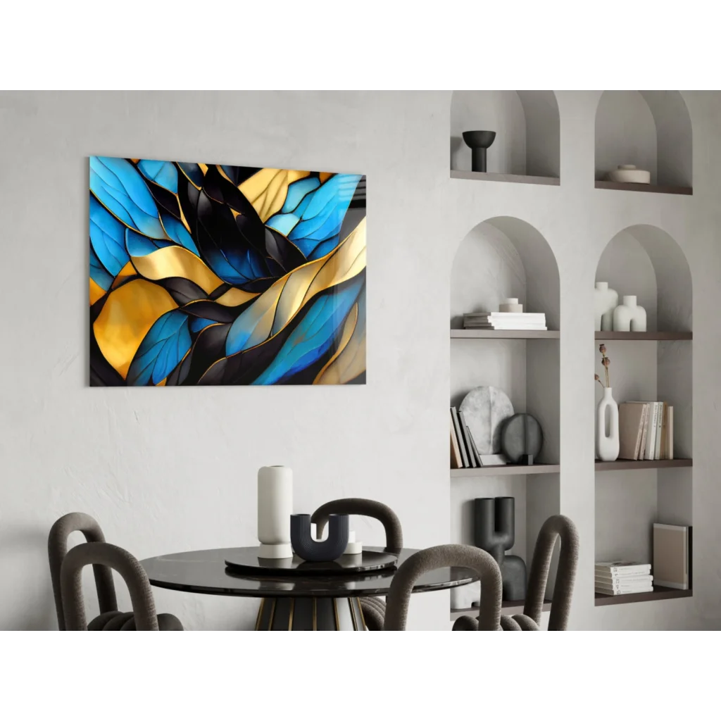 Stunning blue gold abstract wall art with bold black accents on canvas