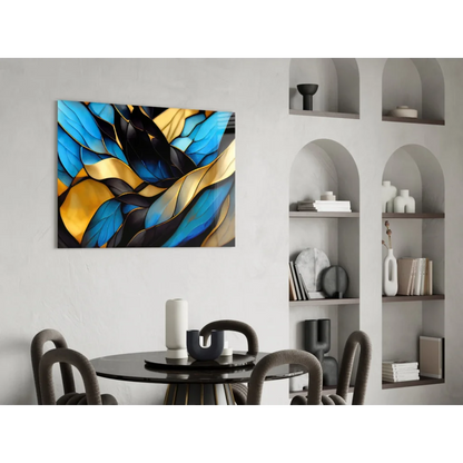 Stunning blue gold abstract wall art with bold black accents on canvas
