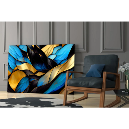 Blue gold abstract wall art print on canvas with bold black accents