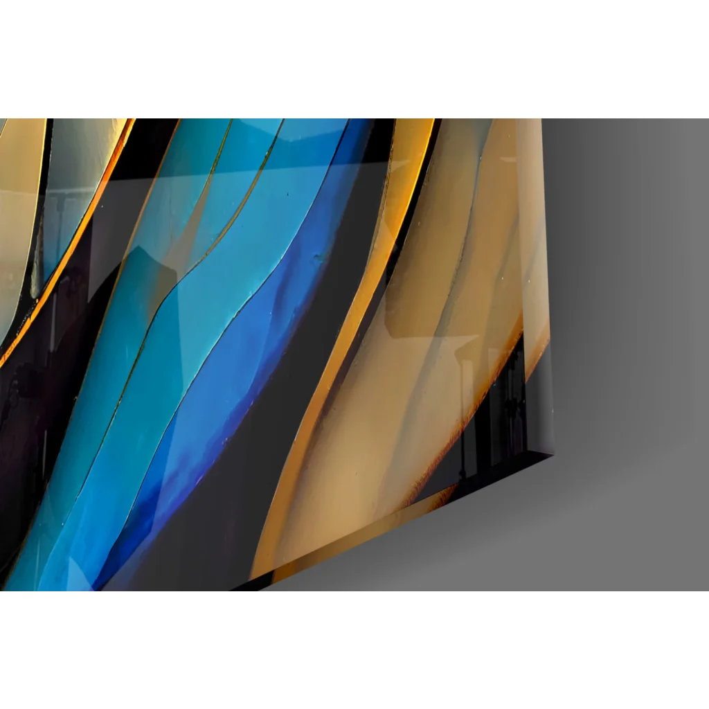 Stunning blue gold abstract glass wall art with bold black accents