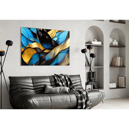 Stunning blue gold abstract glass wall art with bold black accents