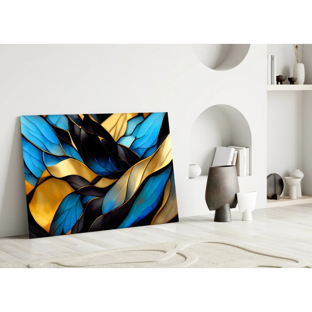 Stunning blue gold abstract wall art with bold black accents