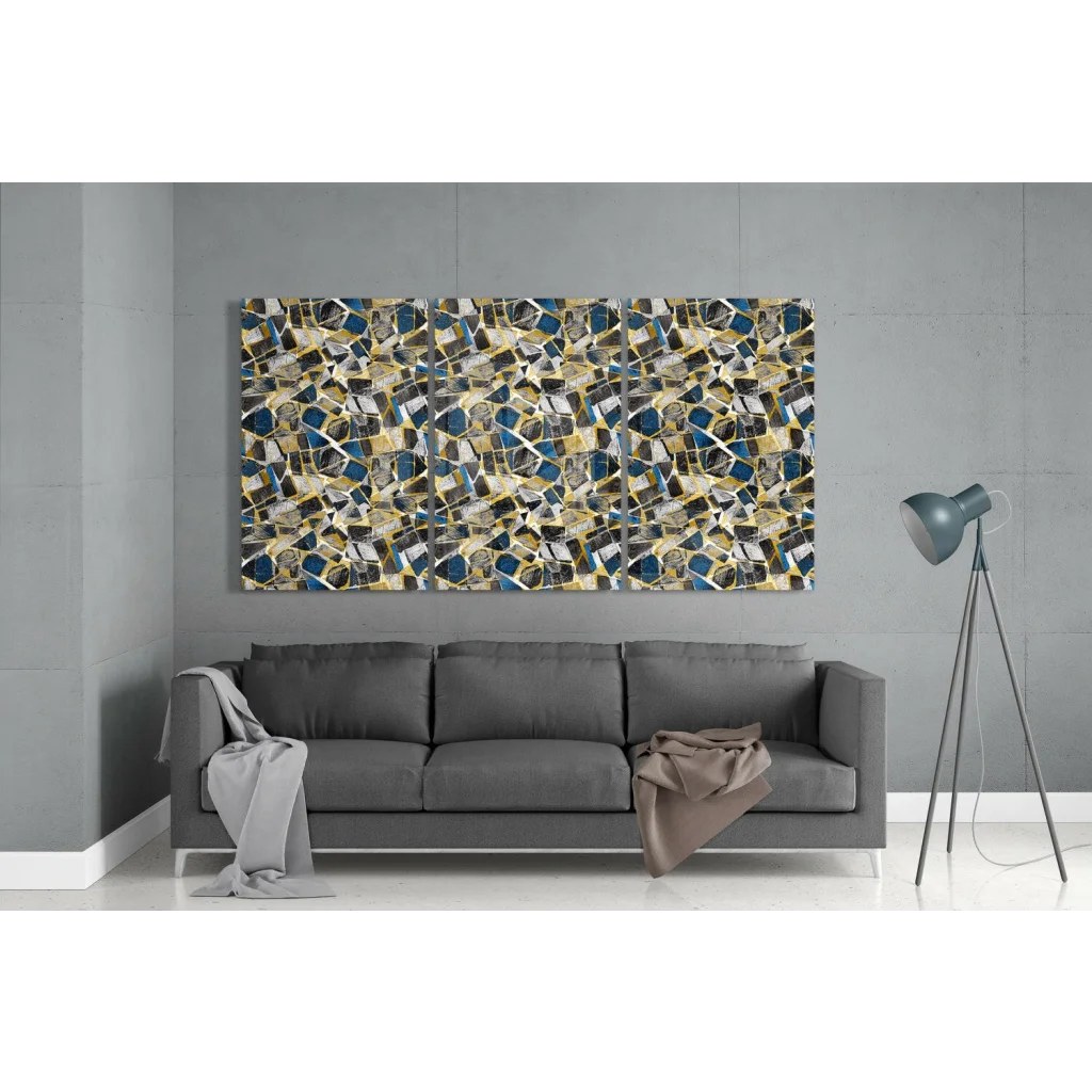 Modern blue gold glass wall art mosaic with abstract geometric shapes