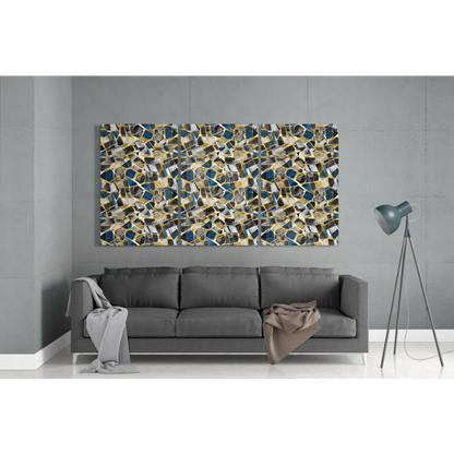 Modern blue gold glass wall art mosaic with abstract geometric shapes
