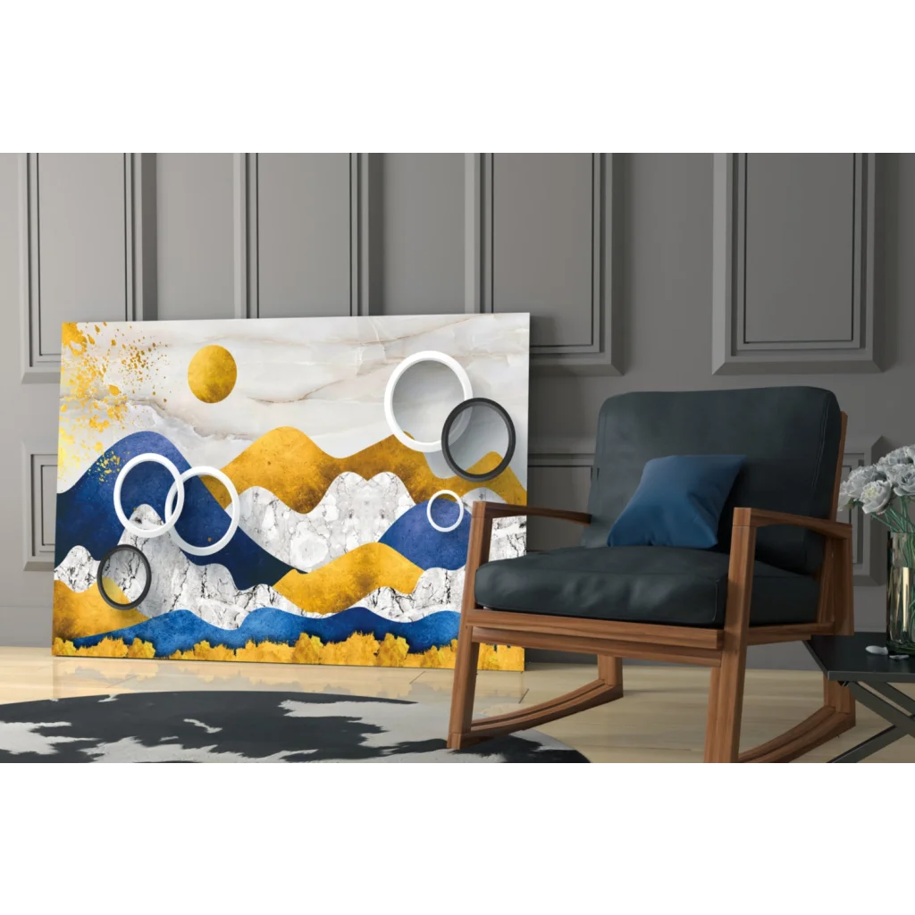 Stunning blue gold mountain abstract wall art canvas with layered ranges