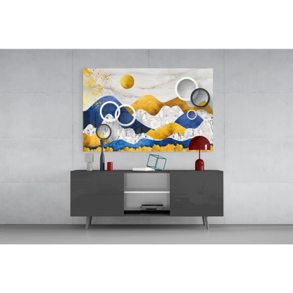 Stunning blue gold mountain abstract wall art canvas with layered waves