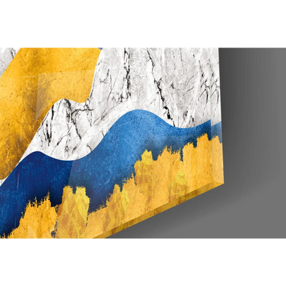Stunning blue gold mountain abstract wall art canvas with bold waves