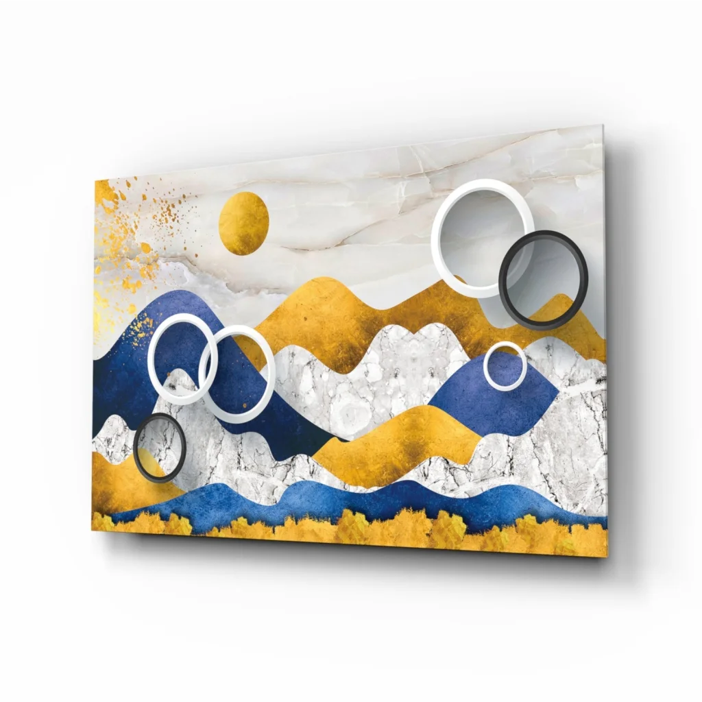 Stunning blue gold mountain abstract wall art canvas with layered navy peaks and marble textures