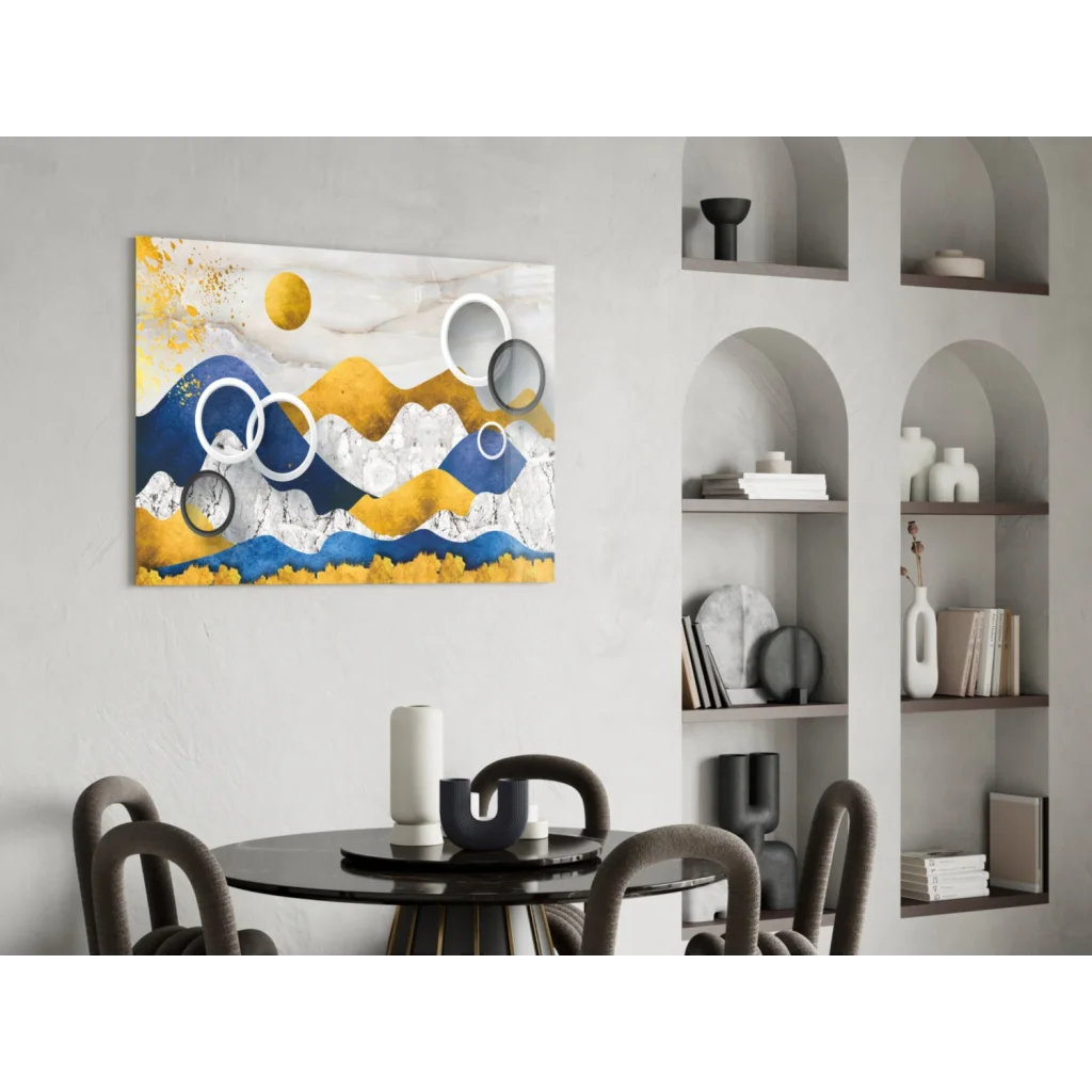 Stunning blue gold mountain abstract wall art canvas with layered ranges