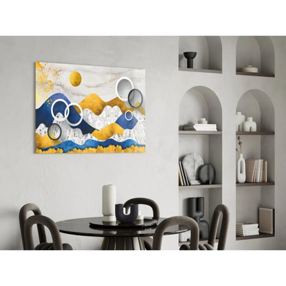 Stunning blue gold mountain abstract wall art canvas with layered ranges