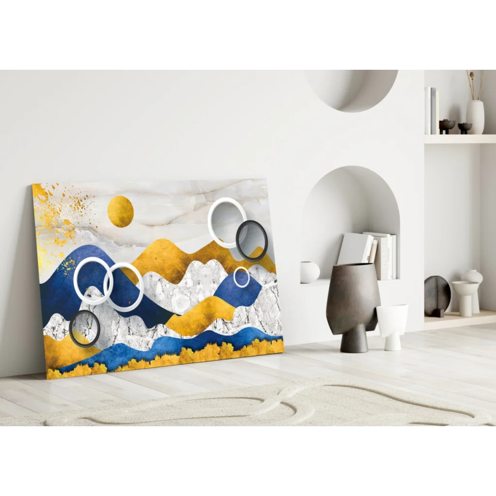 Stunning blue gold mountain abstract wall art canvas with textured peaks