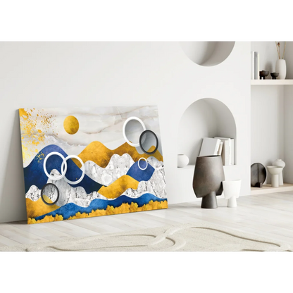 Stunning blue gold mountain abstract wall art canvas with textured peaks