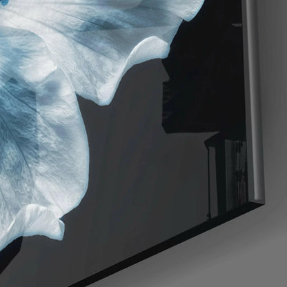 Stunning blue hibiscus glass wall art with white frame