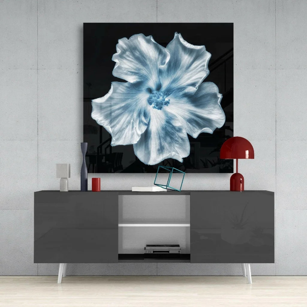 Stunning blue hibiscus glass wall art in white frame