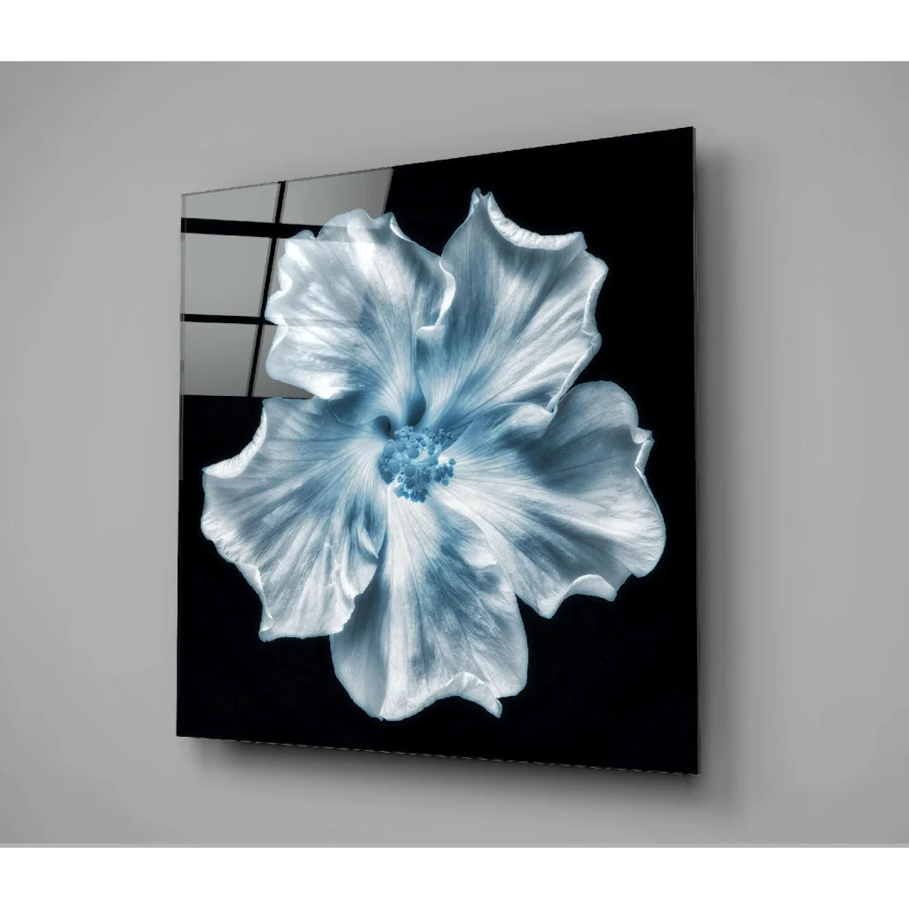 Stunning blue hibiscus glass wall art with white frame