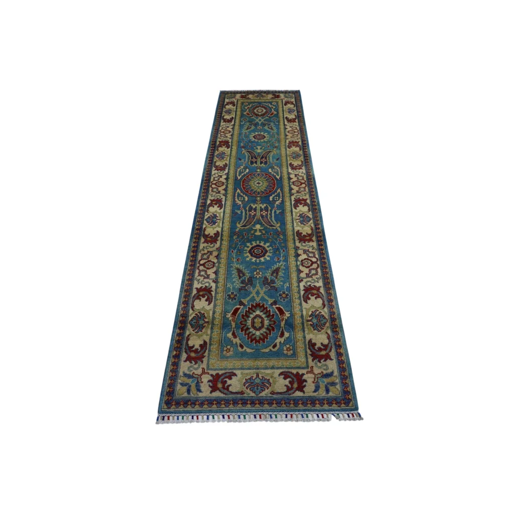 Stunning blue Kazak runner rug from Afghanistan with cotton foundation