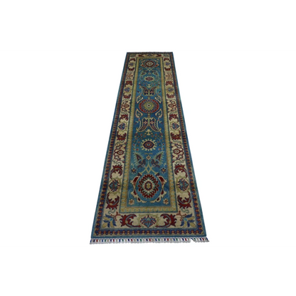 Stunning blue Kazak runner rug from Afghanistan with cotton foundation