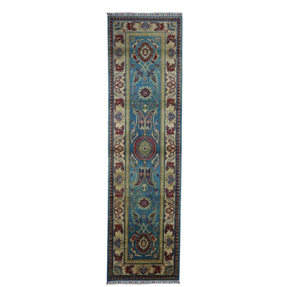 Stunning blue Kazak runner rug with cotton foundation from Afghanistan