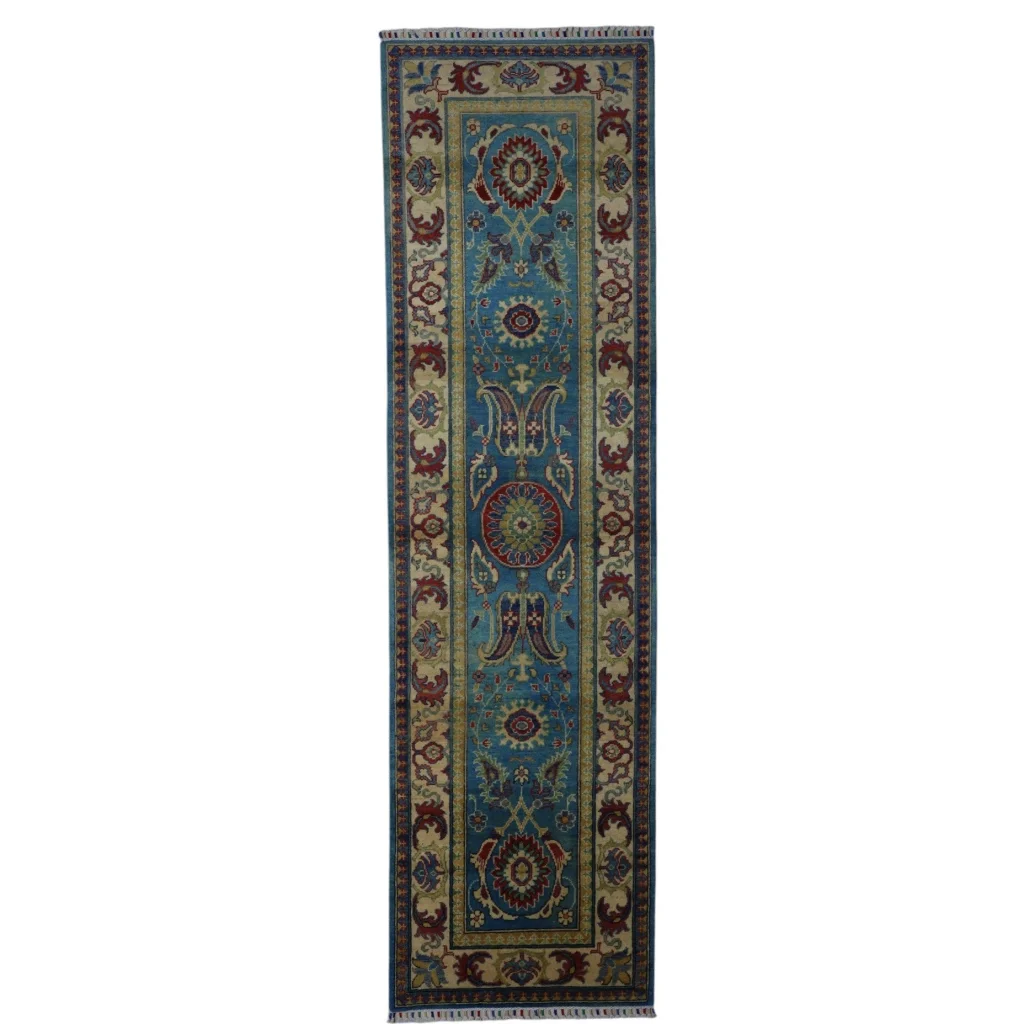 Stunning blue Kazak runner rug from Afghanistan with cotton foundation